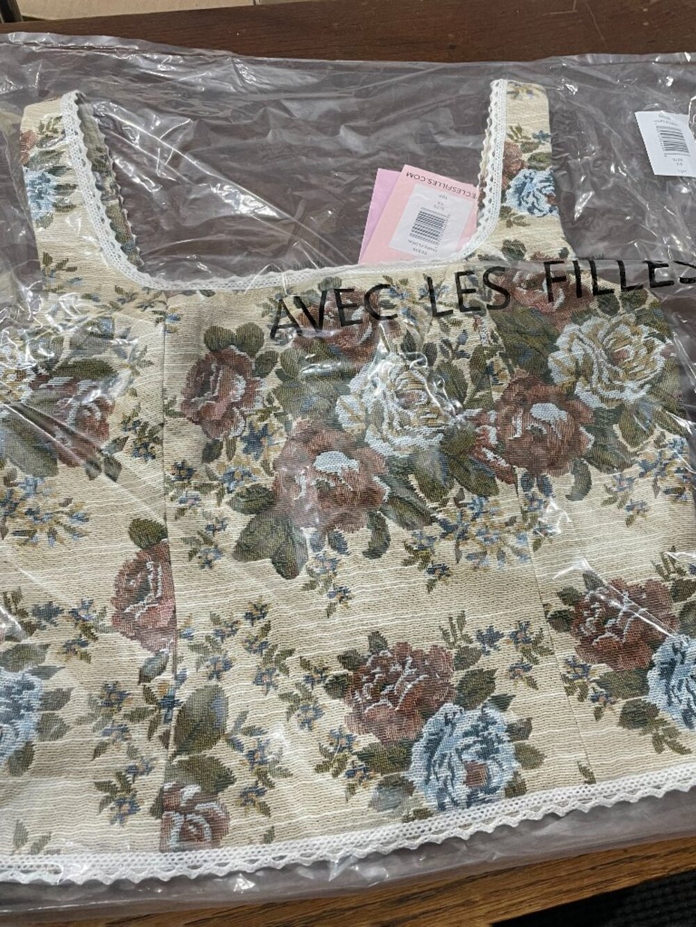 New Avec Les Filles Floral Brocade Lace Trim Neck Top Taupe XS - Picture 4 of 5